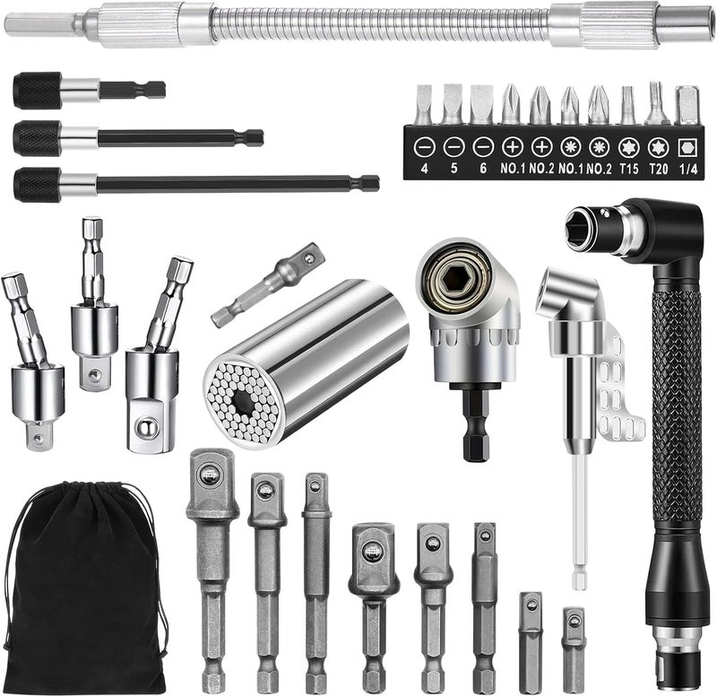 BILIPLE 31 Pcs Flexible Drill Bit Extension Set,105° Right Angle Drill Attachment, 1/2 3/8 1/4 inch Universal Hex Socket Adapter, Rotatable Socket Wrench Tools, Drill Bit Holder Screwdriver with Box(Silver) - Image 1